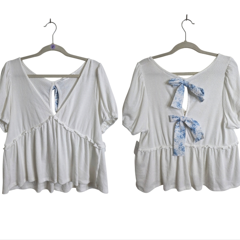 Altar'd State White Blouse With Blue Bows On Back